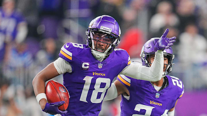 Nov 3, 2024; Minneapolis, Minnesota, USA; Minnesota Vikings wide receiver Justin Jefferson (18) celebrates catching the onside kick against the Indianapolis Colts in the fourth quarter at U.S. Bank Stadium. Mandatory Credit: Brad Rempel-Imagn Images