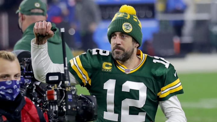 Green Bay Packers quarterback Aaron Rodgers (12) acknowledges the fans after a playoff win over the Rams.