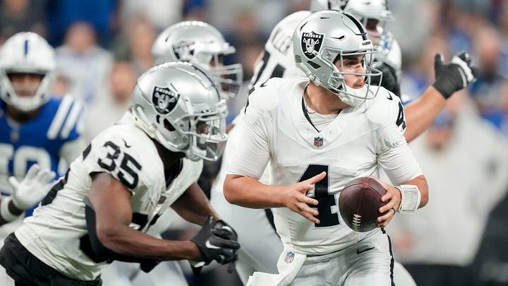 Las Vegas Raiders quarterback Aidan O'Connell (4) draws back with the ball Sunday, Dec. 31, 2023, during a game against the Las Vegas Raiders at Lucas Oil Stadium in Indianapolis. Las Vegas Raiders quarterback Aidan O'Connell (4) draws back with the ball Sunday, Dec. 31, 2023, during a game against the Las Vegas Raiders at Lucas Oil Stadium in Indianapolis.
