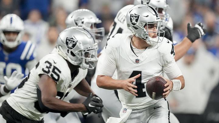 Dec 31, 2023; Indianapolis, Indiana, USA; Las Vegas Raiders quarterback Aidan O'Connell (4) draws back with the ball during a game against the Las Vegas Raiders at Lucas Oil Stadium. Mandatory Credit: Bob Scheer-USA TODAY Sports Dec 31, 2023; Indianapolis, Indiana, USA; Las Vegas Raiders quarterback Aidan O'Connell (4) draws back with the ball during a game against the Las Vegas Raiders at Lucas Oil Stadium. Mandatory Credit: Bob Scheer-USA TODAY Sports