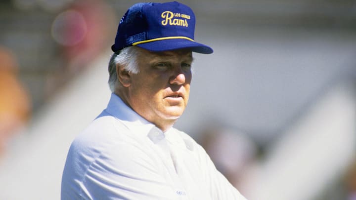 Oct 13, 1985; Tampa, FL, USA; FILE PHOTO; Los Angeles Rams head coach John Robinson on the sideline against the Tampa Bay Buccaneers at Tampa Stadium. Mandatory Credit: Manny Rubio-Imagn Images