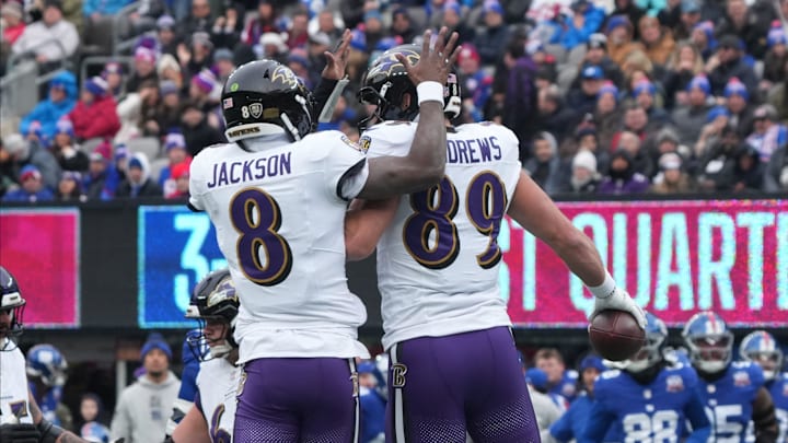 East Rutherford, NJ -- December 15, 2024 -- Lamar Jackson and Mark Andrews of the Ravens after Andrews scored a TD in the first half. The Baltimore Ravens came to MetLife Stadium to play the New York Giants.