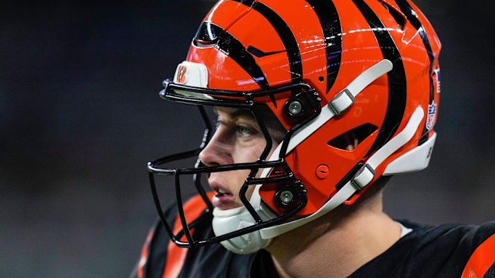 Cincinnati Bengals quarterback Joe Burrow on the field during his team's 27-20 victory over Dallas Cowboys on Monday Night Football at AT&T Stadium in Arlington, Texas on Monday, December 9, 2024.