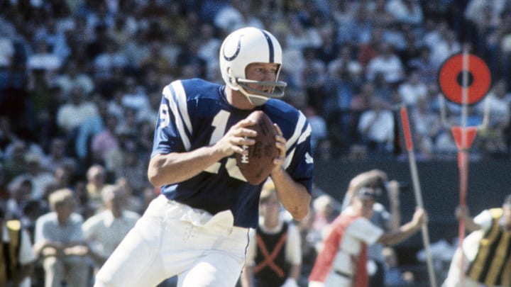 Sep 17, 1972; Baltimore, MD, USA: FILE PHOTO; Baltimore Colts quarterback Johnny Unitas (19) in action against the St. Louis Cardinals at Memorial Stadium. Mandatory Credit: Herb Weitman-Imagn Images