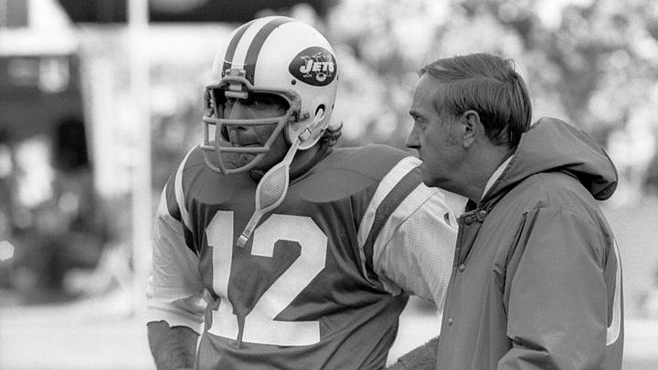 Nov 23, 1975; Flushing, NY, USA; FILE PHOTO; New York Jets quarterback Joe Namath (12) on the sideline with coach Ken Shipp (right) against the St. Louis Cardinals at Shea Stadium. 