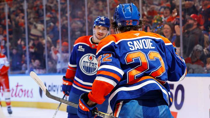 Mar 28, 2026; Edmonton, Alberta, CAN; The Edmonton Oilers celebrate a goal scored by forward Matt Savoie (22) during the third period against the Anaheim Ducks at Rogers Place. Mandatory Credit: Perry Nelson-Imagn Images