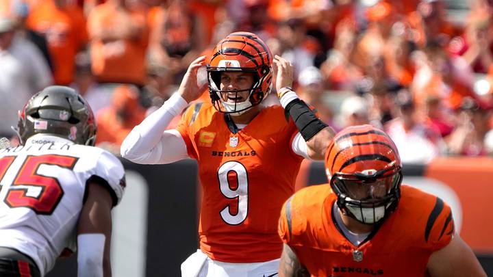 Cincinnati Bengals quarterback Joe Burrow (9) yells out instructions to his teammates during home opener against the Tampa Bay Buccaneers at Paycor Stadium on September 13, 2026. The Bengals beat the Buccaneers 27-33. Cincinnati Bengals quarterback Joe Burrow (9) yells out instructions to his teammates during home opener against the Tampa Bay Buccaneers at Paycor Stadium on September 13, 2026. The Bengals beat the Buccaneers 27-33.