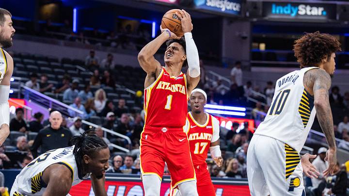 Oct 10, 2026; Indianapolis, Indiana, USA; Atlanta Hawks forward Jalen Johnson (1) shoots the ball while Indiana Pacers guard Aaron Nesmith (23) defends in the second half at Gainbridge Fieldhouse. Mandatory Credit: Trevor Ruszkowski-Imagn Images Oct 10, 2026; Indianapolis, Indiana, USA; Atlanta Hawks forward Jalen Johnson (1) shoots the ball while Indiana Pacers guard Aaron Nesmith (23) defends in the second half at Gainbridge Fieldhouse. Mandatory Credit: Trevor Ruszkowski-Imagn Images