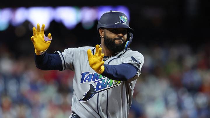 Sep 26, 2026; Philadelphia, Pennsylvania, USA; Tampa Bay Rays third baseman Junior Caminero (13) reacts after hitting a two RBI home run during the first inning against the Philadelphia Phillies at Citizens Bank Park. Mandatory Credit: Bill Streicher-Imagn Images