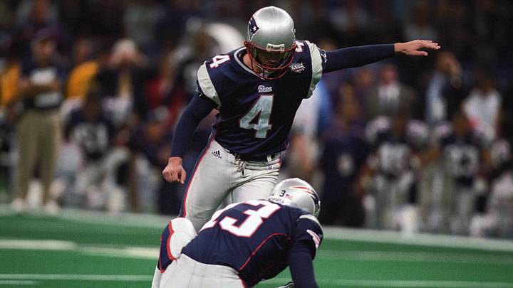 Feb 3, 2002; New Orleans, LA, USA; New England Patriots kicker Adam Vinatieri (4) kicks the ball against the St. Louis Rams during Super Bowl XXXVI at the Louisiana Superdome. The Patriots defeated the Rams 20-17. FILE PHOTO; Mandatory Credit: USA TODAY Sports Feb 3, 2002; New Orleans, LA, USA; New England Patriots kicker Adam Vinatieri (4) kicks the ball against the St. Louis Rams during Super Bowl XXXVI at the Louisiana Superdome. The Patriots defeated the Rams 20-17. FILE PHOTO; Mandatory Credit: USA TODAY Sports