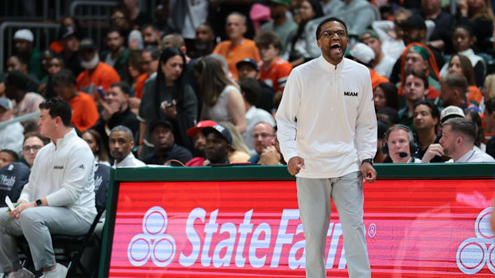 Feb 10, 2026; Coral Gables, Florida, USA; Miami Hurricanes head coach Jai Lucas reacts from the sideline against the North Carolina Tar Heels during the first half at Watsco Center. Mandatory Credit: Sam Navarro-Imagn Images