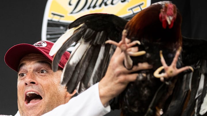 South Carolina Gamecocks Head Football Coach Shane Beamer celebrates after winning the 2021 Duke's Mayo Bowl.