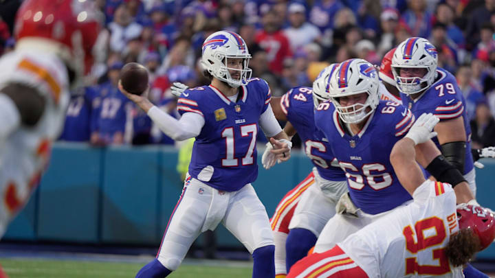 Buffalo Bills quarterback Josh Allen gets a pass off during first half action against the Kansas City Chiefs at Highmark Stadium in Orchard Park on Nov. 2, 2025.