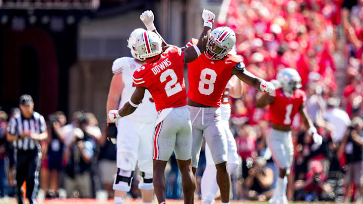 Ohio State safety Caleb Downs (2) and linebacker Arvell Reese (8) celebrate in the second half of the Buckeyes' season-opening win over Texas. Ohio State safety Caleb Downs (2) and linebacker Arvell Reese (8) celebrate in the second half of the Buckeyes' season-opening win over Texas.