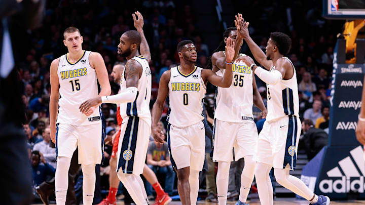 Oct 23, 2017; Denver, CO, USA; Denver Nuggets guard Malik Beasley (25) and guard Will Barton (5) celebrate with center Nikola Jokic (15) and guard Emmanuel Mudiay (0) and forward Kenneth Faried (35) in the second quarter against the Washington Wizards at the Pepsi Center. Mandatory Credit: Isaiah J. Downing-Imagn Images Oct 23, 2017; Denver, CO, USA; Denver Nuggets guard Malik Beasley (25) and guard Will Barton (5) celebrate with center Nikola Jokic (15) and guard Emmanuel Mudiay (0) and forward Kenneth Faried (35) in the second quarter against the Washington Wizards at the Pepsi Center. Mandatory Credit: Isaiah J. Downing-Imagn Images