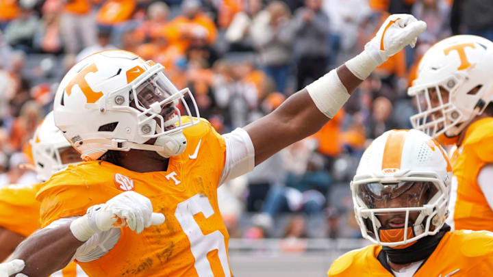 Tennessee running back Dylan Sampson (6) celebrates after scoring a touchdown during a NCAA football game between Tennessee and UTEP in Neyland Stadium on Saturday, November 23, 2024.