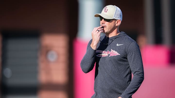 Florida State head coach Mike Norvell leads practice Thursday, April 9, 2026. Florida State head coach Mike Norvell leads practice Thursday, April 9, 2026.