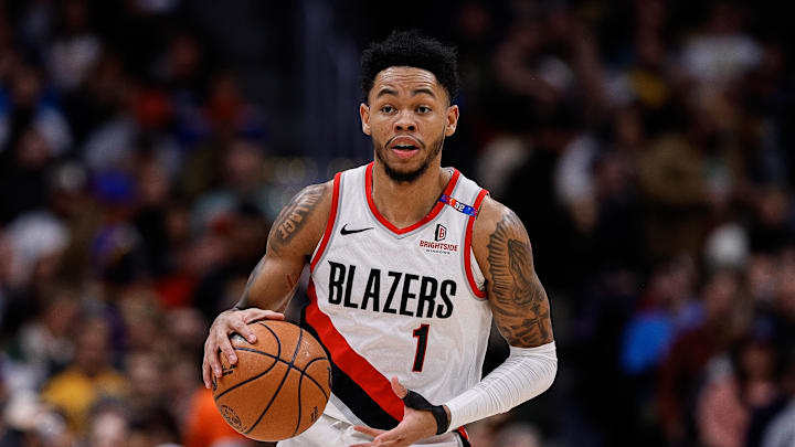 Feb 12, 2025; Denver, Colorado, USA; Portland Trail Blazers guard Anfernee Simons (1) dribbles the ball up court in the first quarter against the Denver Nuggets at Ball Arena. Mandatory Credit: Isaiah J. Downing-Imagn Images Feb 12, 2025; Denver, Colorado, USA; Portland Trail Blazers guard Anfernee Simons (1) dribbles the ball up court in the first quarter against the Denver Nuggets at Ball Arena. Mandatory Credit: Isaiah J. Downing-Imagn Images
