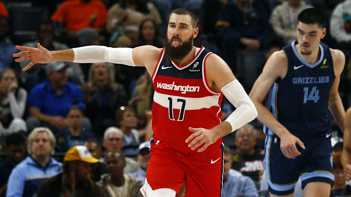 Nov 8, 2024; Memphis, Tennessee, USA; Washington Wizards center Jonas Valanciunas (17) reacts after a basket during the second half against the Memphis Grizzlies at FedExForum. Mandatory Credit: Petre Thomas-Imagn Images Nov 8, 2024; Memphis, Tennessee, USA; Washington Wizards center Jonas Valanciunas (17) reacts after a basket during the second half against the Memphis Grizzlies at FedExForum. Mandatory Credit: Petre Thomas-Imagn Images