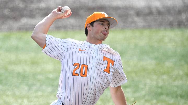 Tennessee pitcher Bryce Jenkins (20) pitches against UNC Asheville during the NCAA college baseball game in Knoxville, Tenn. on Tuesday, March 28, 2023.

Ut Baseball Vs Unc Asheville