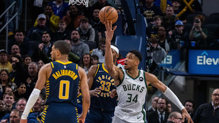 Jan 3, 2024; Indianapolis, Indiana, USA; Milwaukee Bucks forward Giannis Antetokounmpo (34) shoots