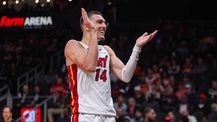 Feb 20, 2026; Atlanta, Georgia, USA; Miami Heat guard Tyler Herro (14) reacts after a shot against the Atlanta Hawks in the second quarter at State Farm Arena. Mandatory Credit: Brett Davis-Imagn Images
