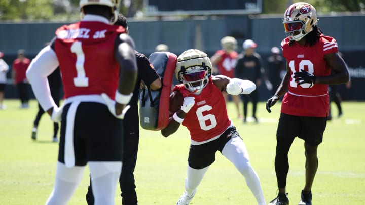 Jul 26, 2024; Santa Clara, CA, USA; San Francisco 49ers wide receiver Danny Gray (6) practices a blocking drill during Day 4 of training camp at SAP Performance Facility. Mandatory Credit: D. Ross Cameron-USA TODAY Sports Jul 26, 2024; Santa Clara, CA, USA; San Francisco 49ers wide receiver Danny Gray (6) practices a blocking drill during Day 4 of training camp at SAP Performance Facility. Mandatory Credit: D. Ross Cameron-USA TODAY Sports