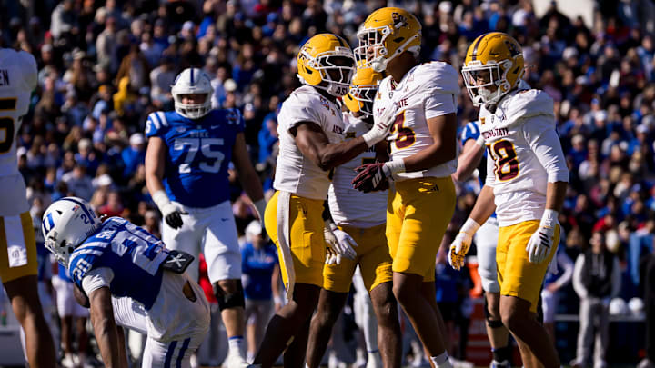 Arizona State celebrates a stop during the Tony the Tiger Sun Bowl against Duke at Sun Bowl Stadium in El Paso, Texas, on Wednesday, Dec. 31, 2025.
