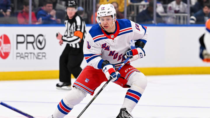 Apr 9, 2024; Elmont, New York, USA; New York Rangers left wing Artemi Panarin (10) skates across center ice against the New York Islanders during the third period at UBS Arena. Mandatory Credit: Dennis Schneidler-USA TODAY Sports