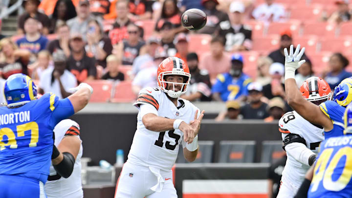Aug 23, 2025; Cleveland, Ohio, USA; Cleveland Browns quarterback Joe Flacco (15) throws a pass during the first quarter against the Los Angeles Rams at Huntington Bank Field. Mandatory Credit: Ken Blaze-Imagn Images Aug 23, 2025; Cleveland, Ohio, USA; Cleveland Browns quarterback Joe Flacco (15) throws a pass during the first quarter against the Los Angeles Rams at Huntington Bank Field. Mandatory Credit: Ken Blaze-Imagn Images
