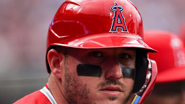 Los Angeles Angels outfielder Mike Trout looks on from the dugout during a game against the Philadelphia Phillies at Citizens Bank Park on July 19. Los Angeles Angels outfielder Mike Trout looks on from the dugout during a game against the Philadelphia Phillies at Citizens Bank Park on July 19.