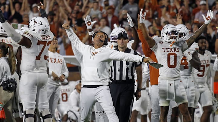 Oct 25, 2025; Starkville, Mississippi, USA; Texas Longhorns head coach Steve Sarkisian reacts after a touchdown during overtime against the Mississippi State Bulldogs at Davis Wade Stadium at Scott Field. Mandatory Credit: Petre Thomas-Imagn Images