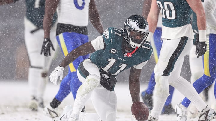Jan 19, 2025; Philadelphia, Pennsylvania, USA; Philadelphia Eagles wide receiver A.J. Brown (11) reacts after a first down catch against the Los Angeles Rams in a 2025 NFC divisional round game at Lincoln Financial Field. Mandatory Credit: Bill Streicher-Imagn Images