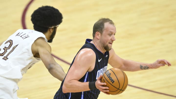 Apr 20, 2024; Cleveland, Ohio, USA; Orlando Magic guard Joe Ingles (7) steals the ball from