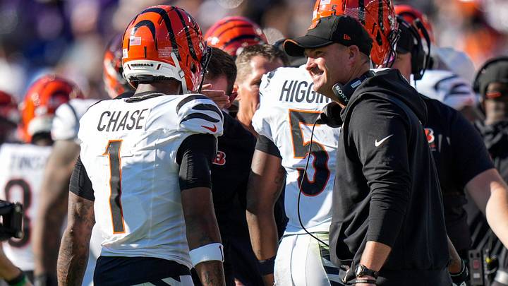 Cincinnati Bengals head coach Zac Taylor smiles to wide receiver Ja'marr Chase (1) after a touchdown in the fourth quarter of the NFL Week 7 game between the Baltimore Ravens and the Cincinnati Bengals at M&T Bank Stadium in Baltimore on Sunday, Oct. 25, 2026. The Bengals scored 35 points in the second half to win 35-13 on the road. Cincinnati Bengals head coach Zac Taylor smiles to wide receiver Ja'marr Chase (1) after a touchdown in the fourth quarter of the NFL Week 7 game between the Baltimore Ravens and the Cincinnati Bengals at M&T Bank Stadium in Baltimore on Sunday, Oct. 25, 2026. The Bengals scored 35 points in the second half to win 35-13 on the road.