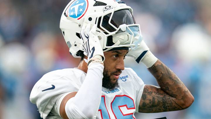 Tennessee Titans cornerback Jalen McMurray (16) puts on his helmet during the Blue and White Stadium Scrimmage at Nissan Stadium in Nashville, Tenn., Friday, Aug. 7, 2026. Tennessee Titans cornerback Jalen McMurray (16) puts on his helmet during the Blue and White Stadium Scrimmage at Nissan Stadium in Nashville, Tenn., Friday, Aug. 7, 2026.