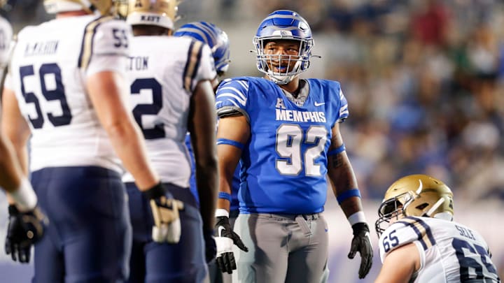 Memphis' Jarra Anderson (92) waits to line up during the game between Memphis and Navy in Memphis,
