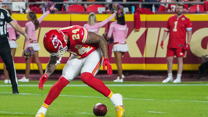 Oct 7, 2024; Kansas City, Missouri, USA; Kansas City Chiefs wide receiver Skyy Moore (24) drops a punt return against the New Orleans Saints during the first half at GEHA Field at Arrowhead Stadium. Mandatory Credit: Denny Medley-Imagn Images