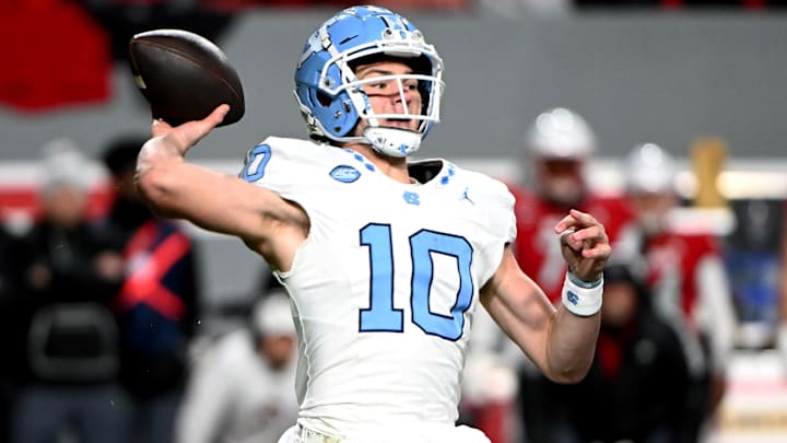 Nov 25, 2023; Raleigh, North Carolina, USA; North Carolina Tar Heels quarterback Drake Maye (10)