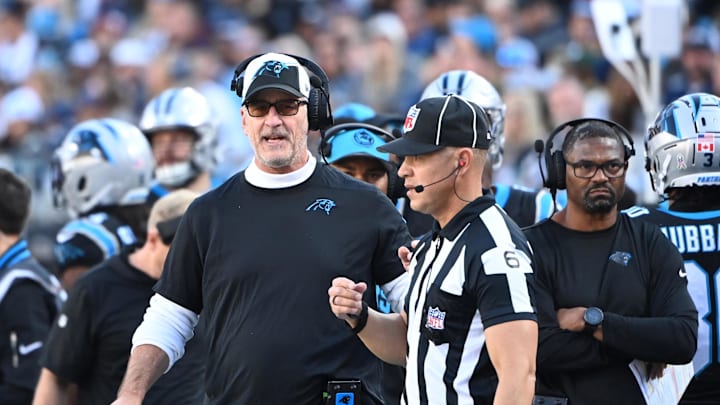 Nov 19, 2023; Charlotte, North Carolina, USA;  Carolina Panthers head coach Frank Reich reacts in the third quarter at Bank of America Stadium. Mandatory Credit: Bob Donnan-Imagn Images