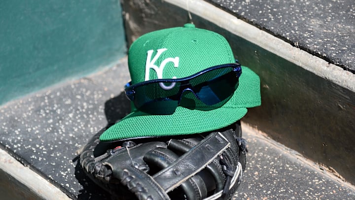 Mar 17, 2016; Phoenix, AZ, USA; A Kansas City Royals hat sits in the dugout prior to the game against the Los Angeles Dodgers at Camelback Ranch. Mandatory Credit: Joe Camporeale-Imagn Images