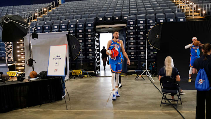 Chet Holmgren enters the arena during the Thunder Media Day for the 25-26 NBA season at the Paycom Center Monday, Sept. 29, 2025. Chet Holmgren enters the arena during the Thunder Media Day for the 25-26 NBA season at the Paycom Center Monday, Sept. 29, 2025.
