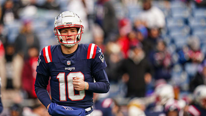 Jan 5, 2025; Foxborough, Massachusetts, USA; New England Patriots quarterback Drake Maye (10) warms up before the start of the game against the Buffalo Bills at Gillette Stadium. Mandatory Credit: David Butler II-Imagn Images