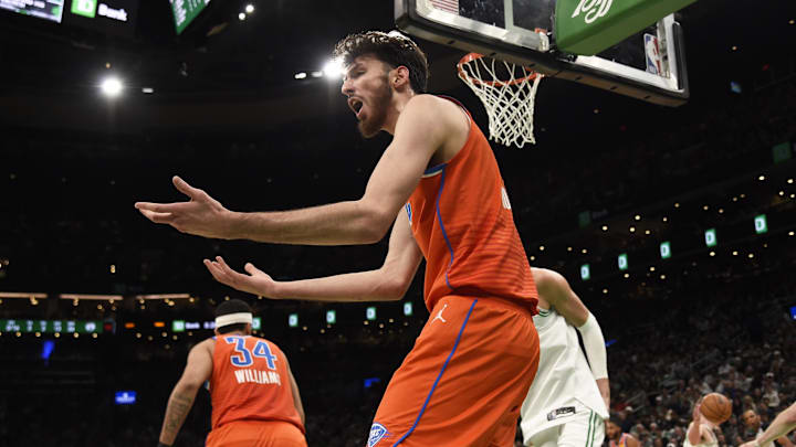 Apr 3, 2024; Boston, Massachusetts, USA; Oklahoma City Thunder forward Chet Holmgren (7) reacts