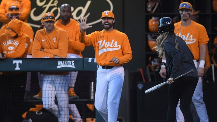 Tennessee head coach Tony Vitello signals to an official during the home opener between Tennessee and UNC Asheville, at the newly renovated Lindsey Nelson Stadium, Tuesday, Feb. 20, 2024. Tennessee head coach Tony Vitello signals to an official during the home opener between Tennessee and UNC Asheville, at the newly renovated Lindsey Nelson Stadium, Tuesday, Feb. 20, 2024.