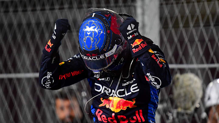Nov 23, 2024; Las Vegas, Nevada, USA; Oracle Red Bull Racing driver Max Verstappen (1) celebrates his world drivers championship victory at the Las Vegas Grand Prix at Las Vegas Circuit. Mandatory Credit: Gary A. Vasquez-Imagn Images