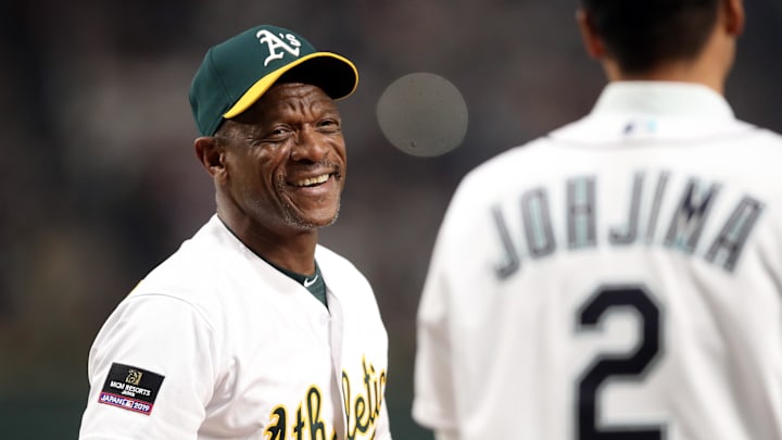 Mar 20, 2019; Tokyo, JPN; Former Oakland Athletics left fielder Rickey Henderson smiles while participating in the Ceremonial First Pitch before the game between the Oakland Athletics and the Seattle Mariners at Tokyo Dome.