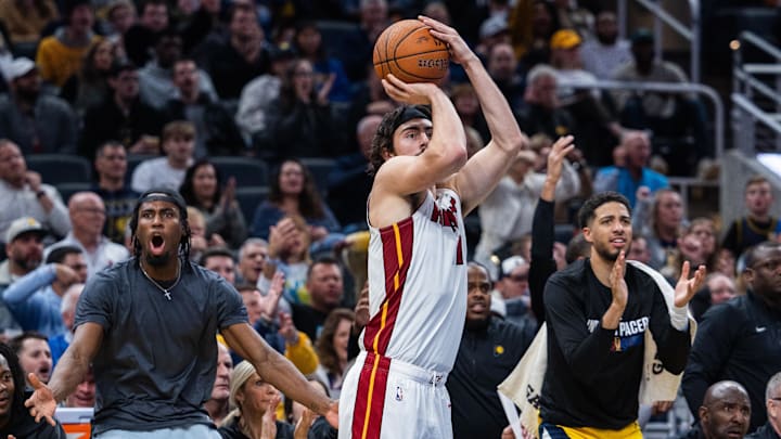 Nov 15, 2024; Indianapolis, Indiana, USA; Miami Heat guard Jaime Jaquez Jr. (11) shoots the ball in the second half against the Indiana Pacers at Gainbridge Fieldhouse. Mandatory Credit: Trevor Ruszkowski-Imagn Images Nov 15, 2024; Indianapolis, Indiana, USA; Miami Heat guard Jaime Jaquez Jr. (11) shoots the ball in the second half against the Indiana Pacers at Gainbridge Fieldhouse. Mandatory Credit: Trevor Ruszkowski-Imagn Images
