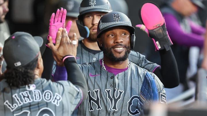 Sep 20, 2025; New York City, New York, USA; New York Mets designated hitter Starling Marte (6) is greeted in the dugout after scoring in the eighth inning against the Washington Nationals at Citi Field. Mandatory Credit: Wendell Cruz-Imagn Images