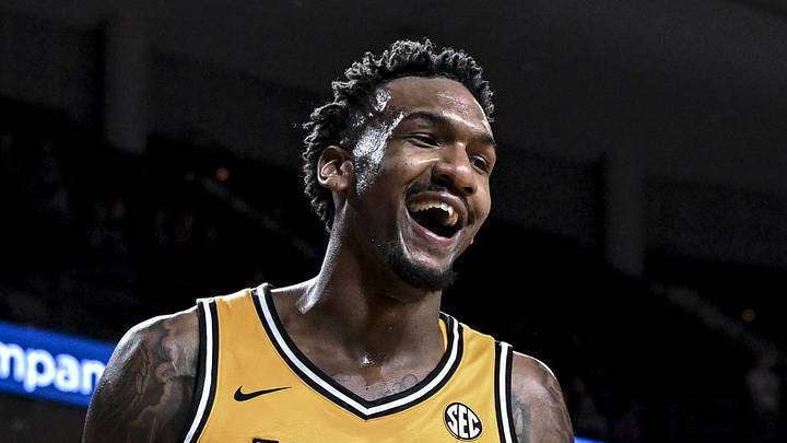 Feb 11, 2026; College Station, Texas, USA; Missouri Tigers center Shawn Phillips Jr. (15) reacts during the first half against the Texas A&M Aggies at Reed Arena. Mandatory Credit: Maria Lysaker-Imagn Images  